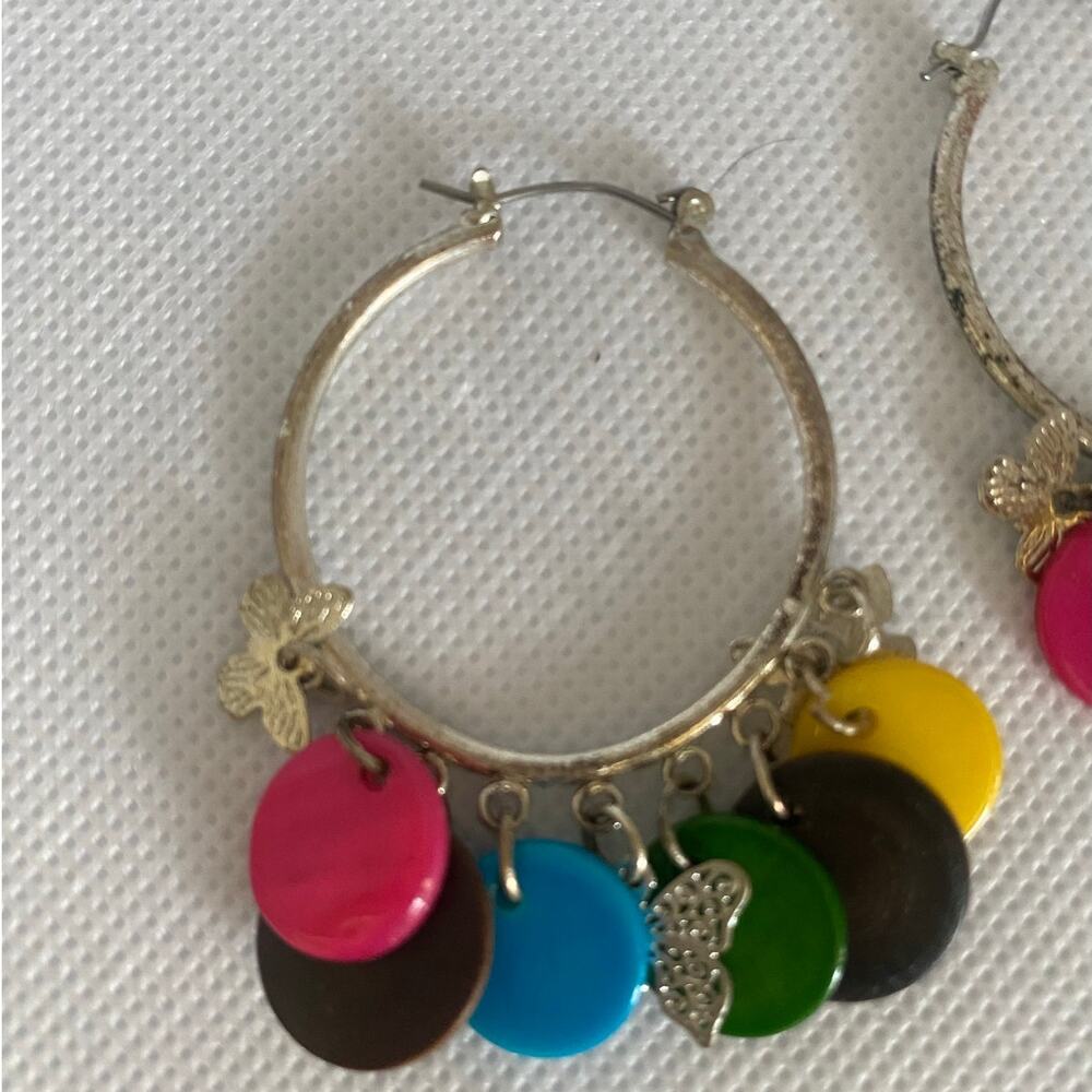 Colorful Boho Hoop Earrings with Butterfly Charms Mixed Disc Dangles 2in - Picture 14 of 17
